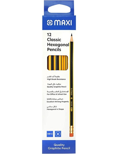 Maxi Classic Hexagonal Graphite Pencil HB With Rubber Tip, Box of 12, Black